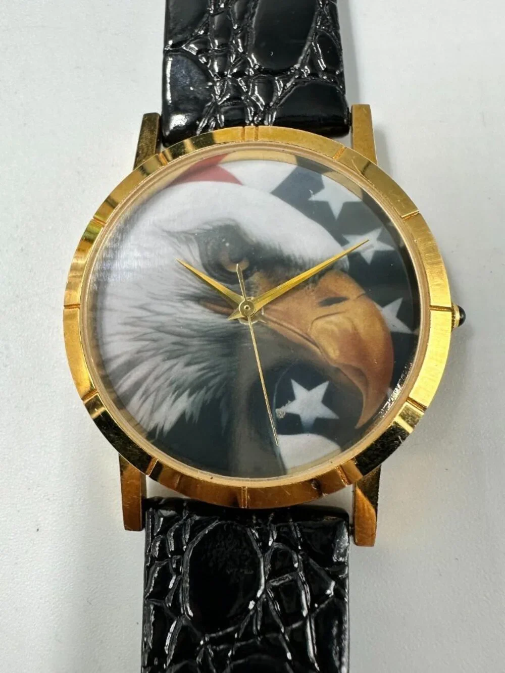 Bald Eagle Watch Men Gold Tone American Flag Black Leather Band New Battery 9.5